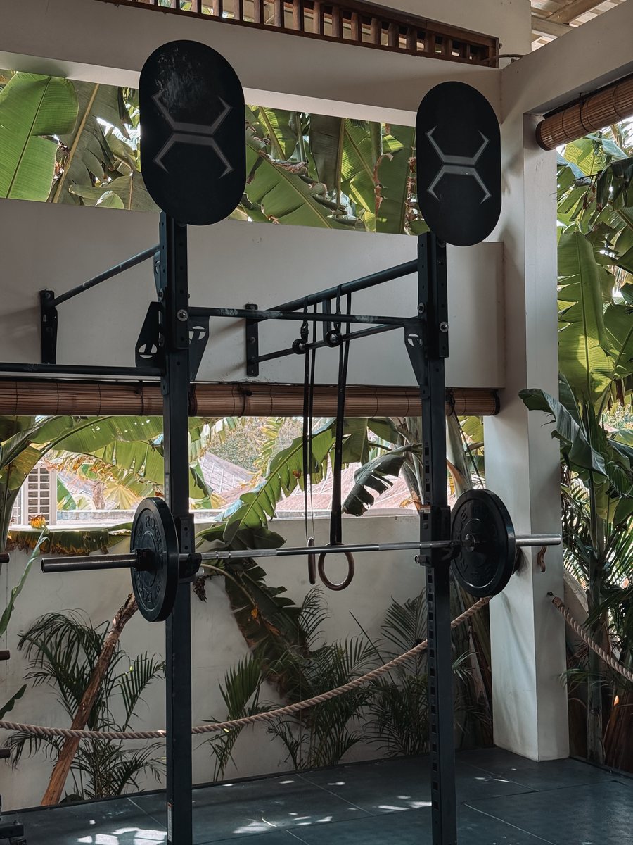 Cage de musculation et barre chargée dans une salle de sport ouverte sur la végétation