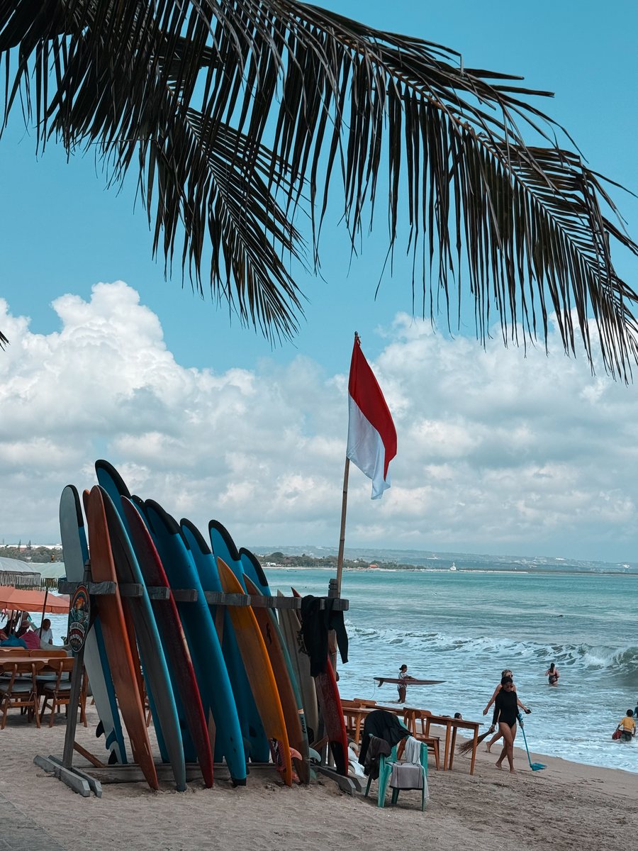 Planches de surf alignées sur la plage sous un drapeau indonésien, palme au premier plan