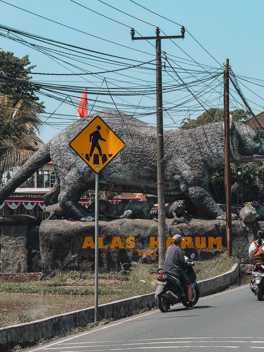 La route de Tegalalang bordée de sculptures de pierre, un scooter qui passe