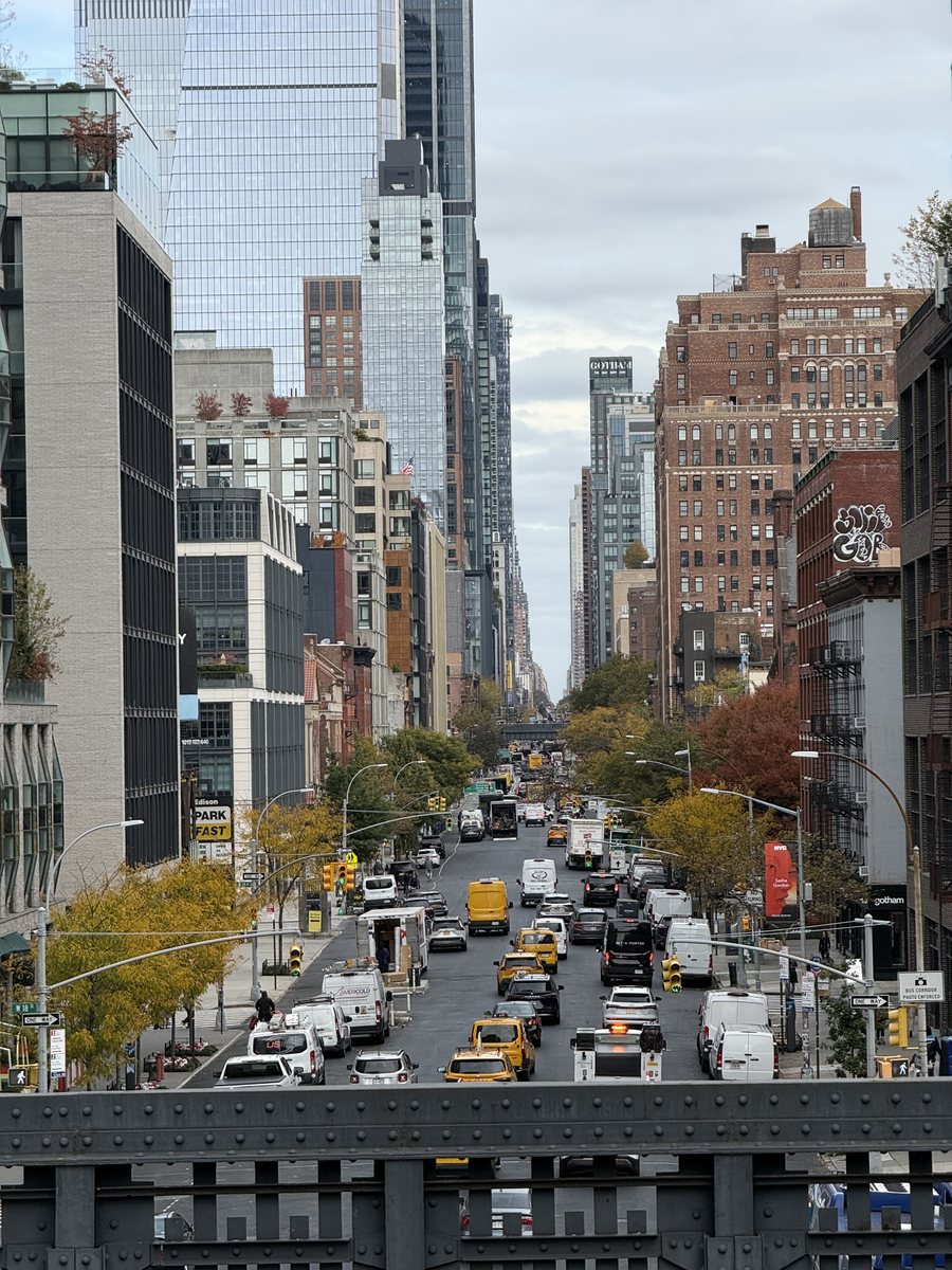 Vue plongeante sur une avenue de Manhattan depuis la High Line, arbres d'automne