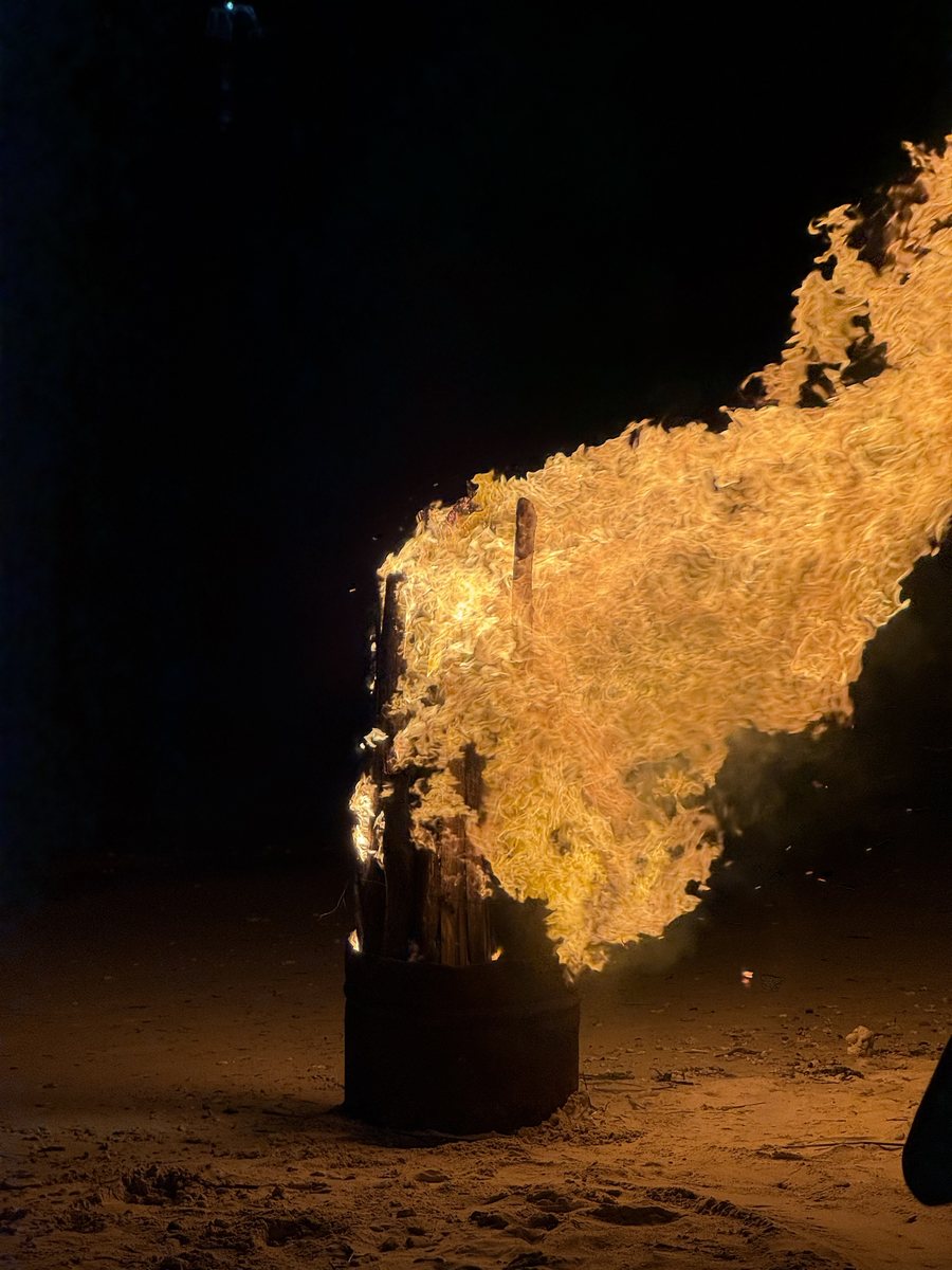 Grand feu de camp sur la plage, la nuit
