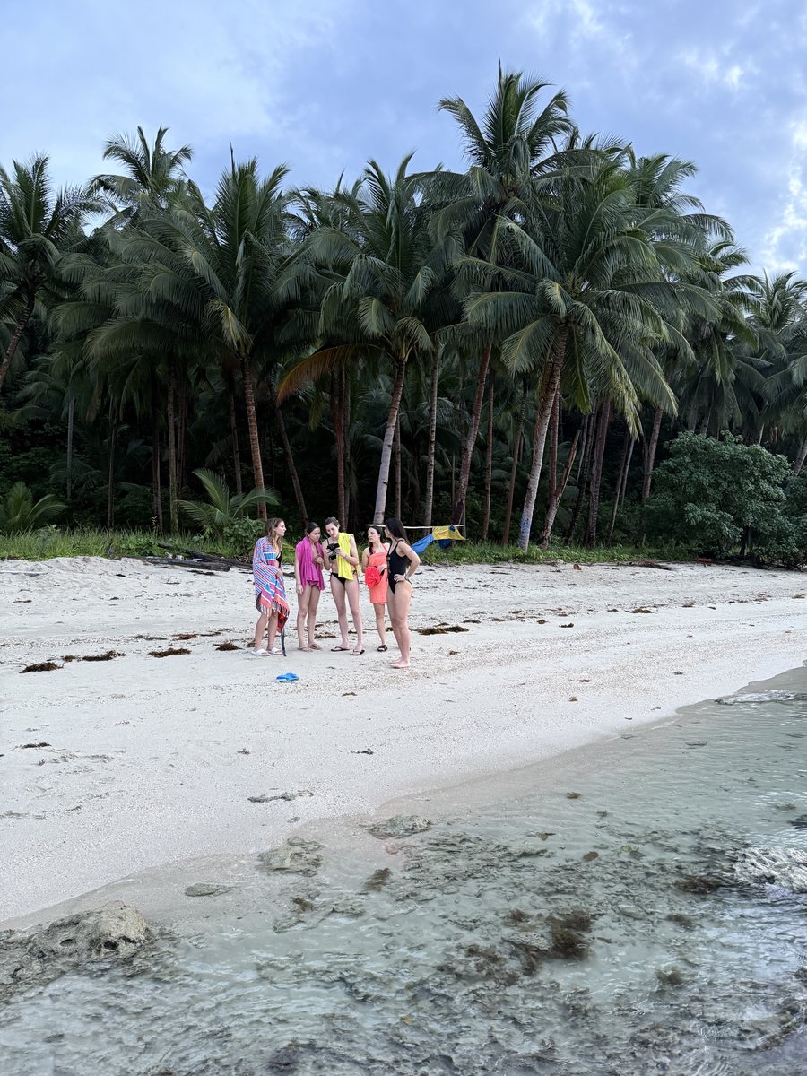 Groupe d'amis sur une plage de sable blanc bordée d'une forêt de cocotiers