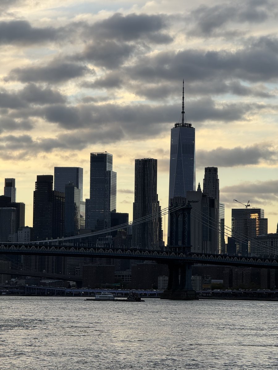 La skyline de Manhattan et le pont de Manhattan au crépuscule, vus depuis l'East River